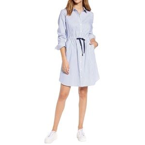 1901 Cinched Waist Long Sleeve Shirt Dress Blue White Marina Stripe XS New